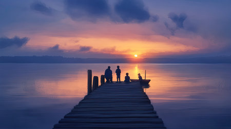 Parents and children watching the sunset from a rustic wooden pier, immersed in the peaceful evening glowの素材