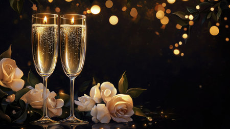 Candlelit elegance with two champagne glasses and a floral centerpiece, evoking romance and celebrationの素材