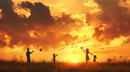 Joyful family playing catch on a field during sunset, surrounded by the tranquil beauty of a golden skyの素材