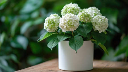 Minimalist white pot of hydrangeas placed against a backdrop of natural green foliageの素材