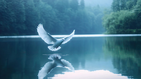 Majestic white dove soaring gracefully above a tranquil lake, reflecting the serenity of the moment in still waterの素材