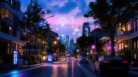 Explore a captivating night scene of a modern city illuminated by vibrant neon lights and digital technology, showcasing the harmony of urban life and innovation.の素材