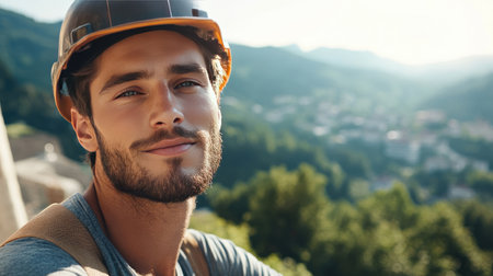 A young male worker wearing a safety helmet smiles confidently, with a beautiful mountain landscape in the background. The photo captures a moment of positivity and rugged professionalism.の素材