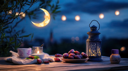 Capture the essence of a cozy evening with this charming table setting featuring a glowing moon, lantern, and delightful snacks under a twilight sky.の素材