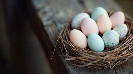 A beautiful arrangement of colorful Easter eggs sits in a natural straw nest on a rustic wooden surface, evoking a sense of spring and celebration.の素材