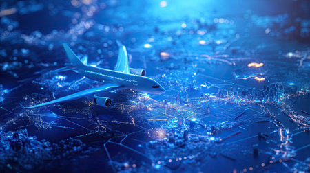 A stunning visual of an airplane soaring over a vibrant city at night, illuminated by scattered lights. The image captures the essence of modern travel and exploration.の素材