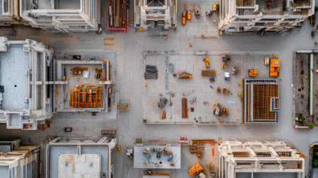 Aerial view showcasing a bustling construction site filled with various equipment and materials. The image highlights the organization and activity in urban development.の素材