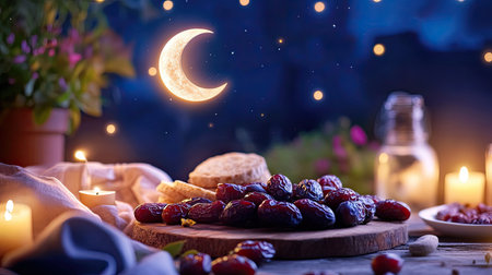 Enchanting night scene featuring a wooden plate of dates surrounded by candles and soft lighting. A crescent moon illuminates the tranquil ambiance, perfect for a cozy gathering.の素材