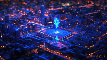 A stunning aerial view of a vibrant urban cityscape at night featuring a bright GPS location marker above bustling streets and illuminated buildings.の素材