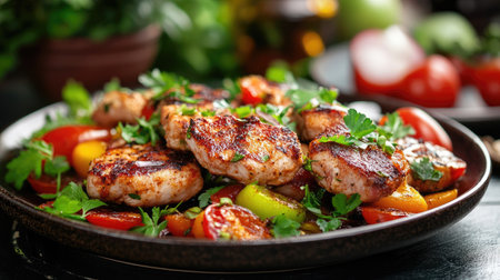 Juicy grilled chicken patties paired with vibrant fresh vegetables create a delicious and healthy meal option, perfect for any dining occasion.の素材