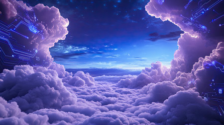 Explore a captivating sky filled with fluffy clouds merging with digital elements, creating an enchanting atmosphere of technology and imagination.の素材
