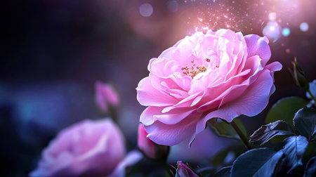 A stunning close-up of a soft pink rose flower glowing with light. The image captures the delicate beauty and enchanting atmosphere of nature's creation.の素材