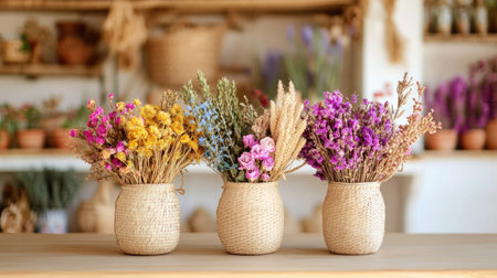 A stunning display of vibrant dried flowers arranged in woven vases sits on a rustic wooden table. This charming floral setup adds warmth and elegance to any space.の素材