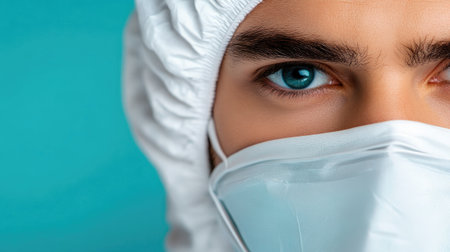 Captivating close-up portrait of a young man wearing a face mask and protective gear. His striking blue eyes convey confidence and professionalism in a healthcare environment.の素材