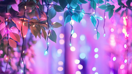 Beautiful display of colorful fairy lights intertwined with lush green leaves, creating a dreamy and enchanting atmosphere perfect for celebrations or cozy evenings.の素材