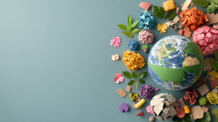 A vibrant composition showcasing Earth surrounded by colorful recycled materials, symbolizing creativity and eco-awareness. Perfect for sustainability themes.の素材