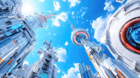 Stunning view of futuristic urban towers reaching toward a bright blue sky, surrounded by fluffy clouds. A vibrant and innovative city landscape.の素材