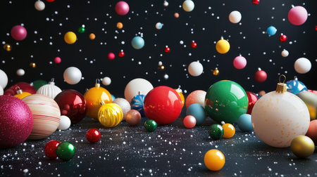 A vibrant collection of Christmas ornaments in various colors scattered across a black background, creating a festive atmosphere perfect for holiday celebrations.の素材