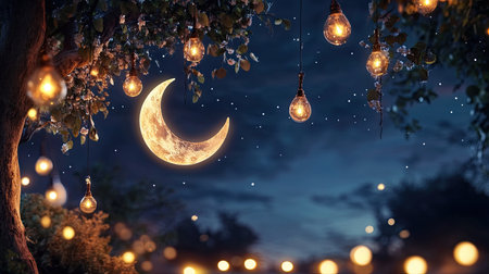 A serene nighttime scene featuring a glowing moon among twinkling lights hanging from branches, creating a magical and enchanting atmosphere within nature.の素材