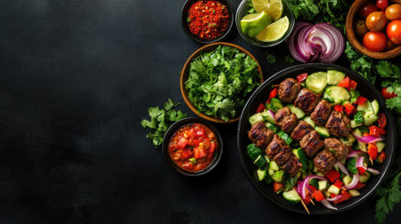 Discover a vibrant plate of grilled meat skewers accompanied by fresh vegetables and spices, perfect for a summer meal or picnic. Enjoy the colorful presentation!の素材