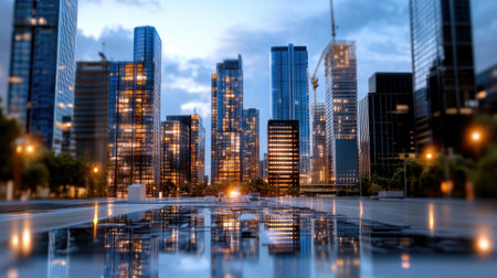 Captivating urban cityscape at dusk featuring modern buildings with reflections on a wet surface. The dramatic lighting adds a dynamic atmosphere to the scene.の素材
