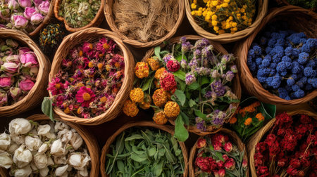 Explore an enchanting display of colorful baskets filled with dried flowers and herbs, perfect for enhancing natural decor. Ideal for craft projects and home styling.の素材