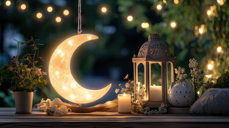 A stunning moon-shaped decor piece illuminated by soft lights sets a cozy atmosphere in a garden, surrounded by flowers, a lantern, and glowing candles.の素材