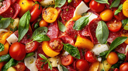 A vibrant arrangement of fresh ingredients showcasing colorful tomatoes, basil, mozzarella, and flavorful herbs. Perfect for Mediterranean-inspired dishes.の素材