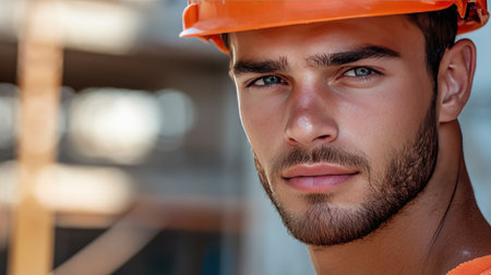 Close-up of a young male construction worker wearing an orange hard hat. His confident expression and focused gaze reflect dedication to the construction industry.の素材