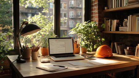 A cozy workspace featuring a laptop, vibrant plants, and a safety helmet. Sunlight streams through the window, enhancing creativity and productivity. Perfect for home office inspiration.の素材
