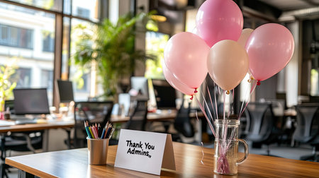 A vibrant office scene featuring a "Thank You Admins" sign on a table adorned with colorful balloons, celebrating teamwork and appreciation in a modern workspace.の素材