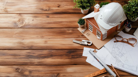 A detailed workspace scene featuring a model house, construction tools, and sketches. Ideal for themes of architecture, design, and project planning.の素材