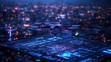 A mesmerizing aerial view of a drone hovering over a vibrant city at night, showcasing futuristic data overlay and technological innovation in urban monitoring.の素材