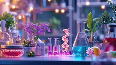 Vibrant laboratory scene featuring a DNA model, various glassware, and colorful liquids. The setup highlights the intersection of science and nature in research.の素材