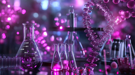 Vibrant laboratory scene featuring glassware and a DNA helix, illuminated with pink and purple lights. Ideal for science and technology themes in creative projects.の素材