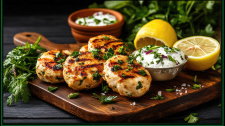 A delicious spread featuring grilled chicken patties garnished with fresh herbs and lemon slices. Perfect for a healthy meal or a summer barbecue gathering.の素材