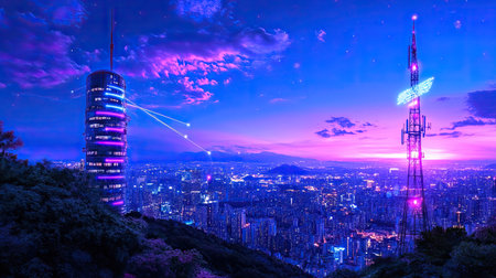 A breathtaking view of a vibrant city skyline at dusk showcasing futuristic buildings and radiant lights against a stunning twilight backdrop.の素材