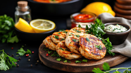 Savory grilled chicken patties served on a wooden board with fresh herbs, lemon wedges, and dipping sauces. Perfect for a delicious meal or snack option.の素材