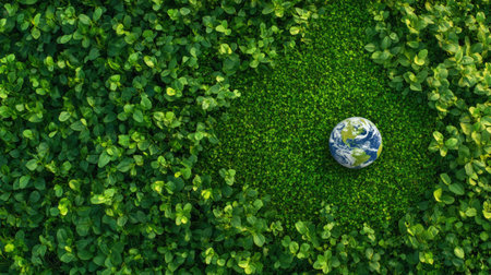A captivating view of Earth set among vibrant green plants symbolizes the harmony of nature and the need for environmental sustainability.の素材