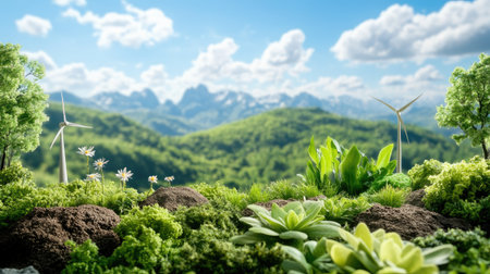 A vibrant green landscape features wind turbines and blooming flowers under a bright blue sky, showcasing nature's beauty and the harmony of sustainable energy.の素材