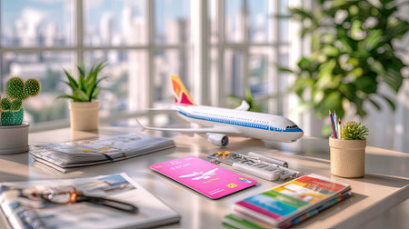 Bright and inviting travel planning scene featuring a model airplane, itinerary, and travel documents on a stylish desk, perfect for inspiring adventure.の素材