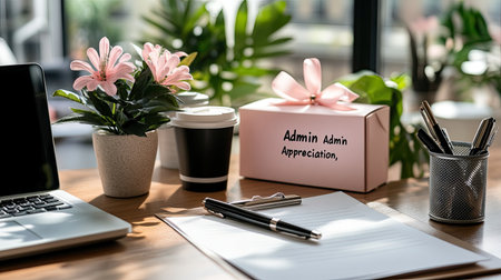 A cozy workspace featuring flowers, a gift box, and stationery. Ideal for showcasing themes of appreciation and motivation in an office setting.の素材