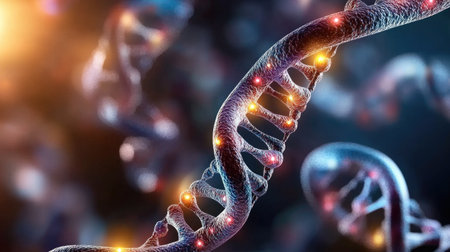 This captivating image showcases a detailed DNA helix structure, illuminated with glowing nucleotides against an abstract background, symbolizing the essence of genetic science.の素材