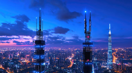 Stunning view of a modern city skyline at twilight featuring towering skyscrapers illuminated with bright lights, showcasing architectural beauty and urban vibrancy.の素材