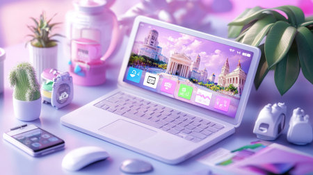 A vibrant workspace featuring a laptop with a colorful screen, surrounded by greenery and modern decor. Ideal for inspiration and productivity.の素材