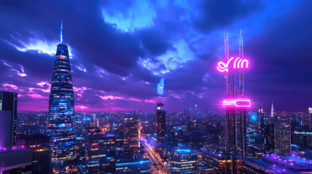 Discover a breathtaking city skyline at dusk, showcasing vibrant neon lights and tall skyscrapers under a dramatic cloud-filled sky, perfect for urban enthusiasts.の素材