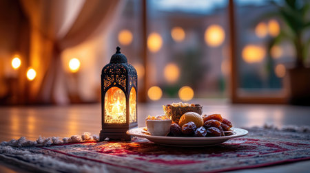 A cozy indoor setting featuring a decorative lantern, sweet dates, and a warm ambiance, perfect for gatherings and celebrations with family and friends.の素材