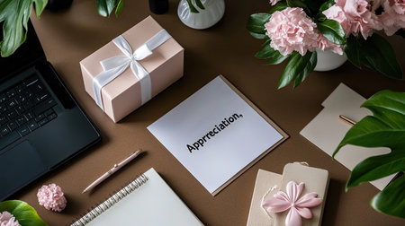 A beautifully arranged workspace featuring a gift box, flowers, and a note of appreciation. Perfect for capturing sentiments of gratitude and celebration.の素材