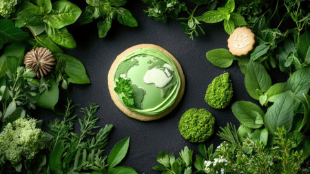 A delightful green earth cookie beautifully adorned with creamy frosting, surrounded by a variety of fresh herbs and greenery, showcasing natural beauty and sustainability.の素材