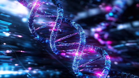 This stunning image showcases a vibrant DNA helix set against a futuristic background filled with colorful light trails, representing the fusion of science and technology. Perfect for projects related to genetics and molecular biology.の素材